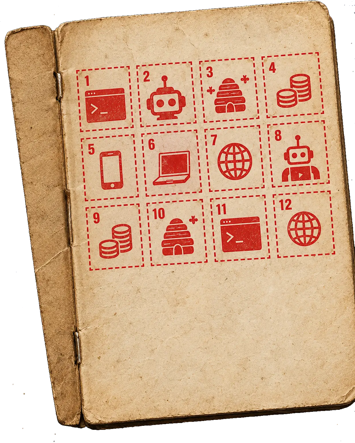 An open ration book, page of twelve red ration stamps, each a mai feature
